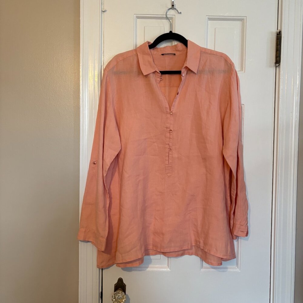 Eileen Fisher Irish Linen Collared Button-Down Tunic Top in Peach